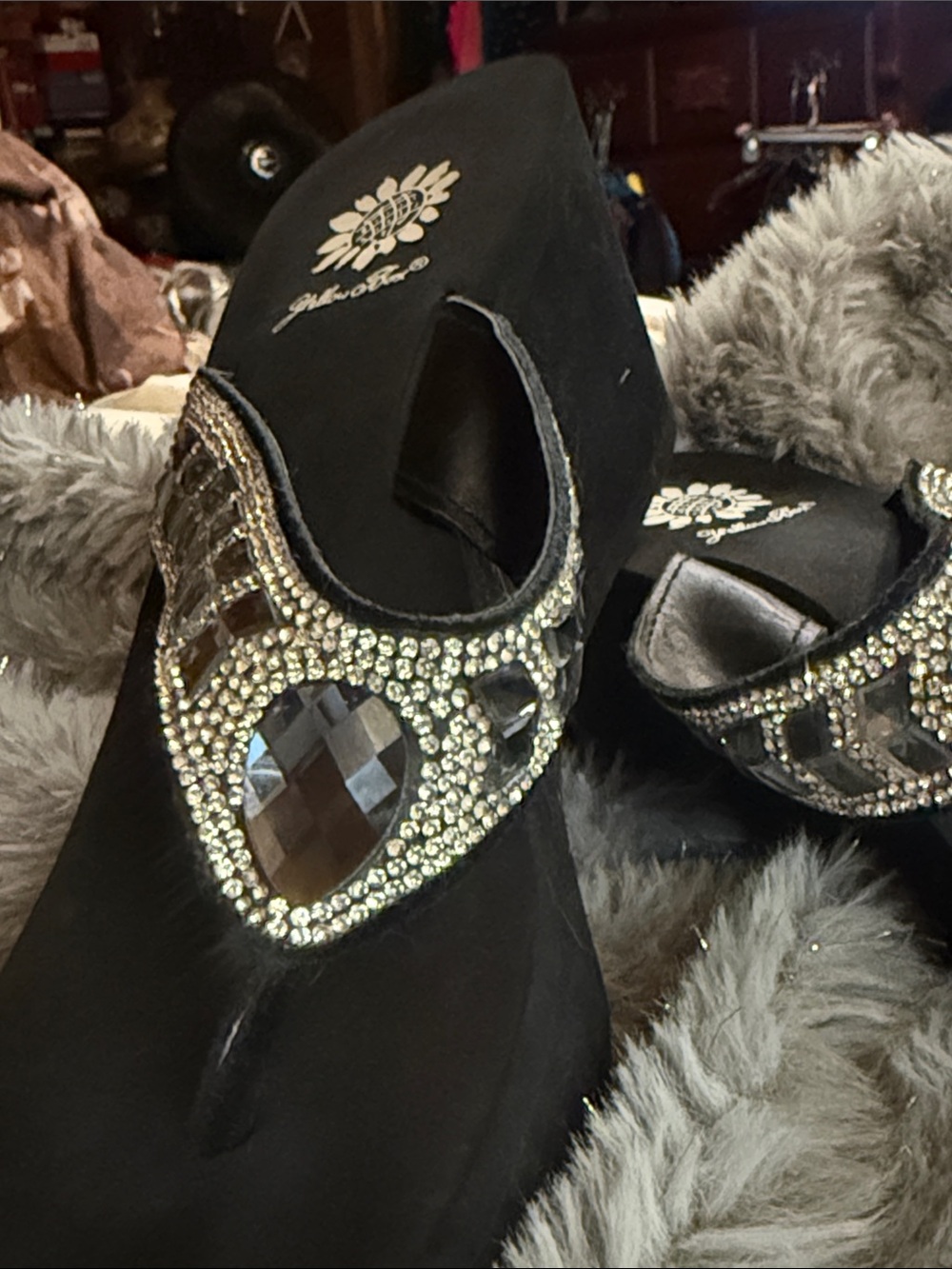 Yellow Box Black Wedge Flip Flop with White Sun Logo FABULOUS SPARKLE DETAIL